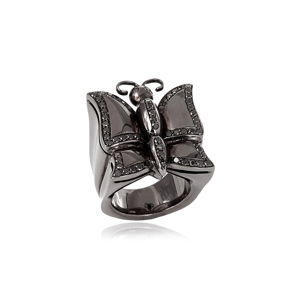 Anel Borboleta Com Diamantes Negros