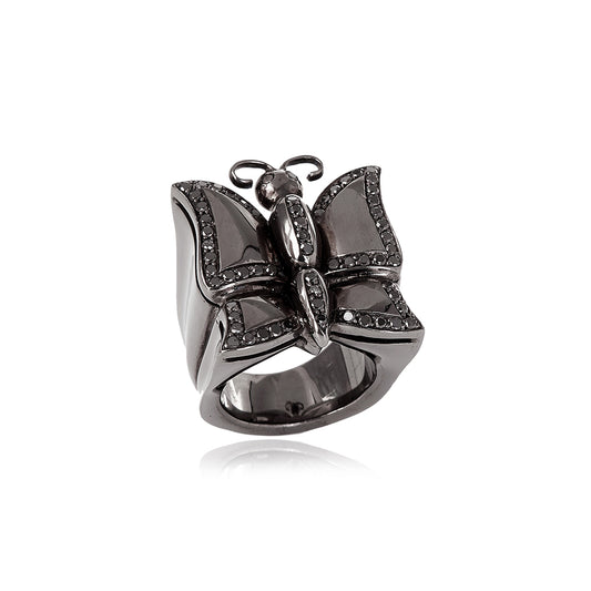 Anel Borboleta Com Diamantes Negros