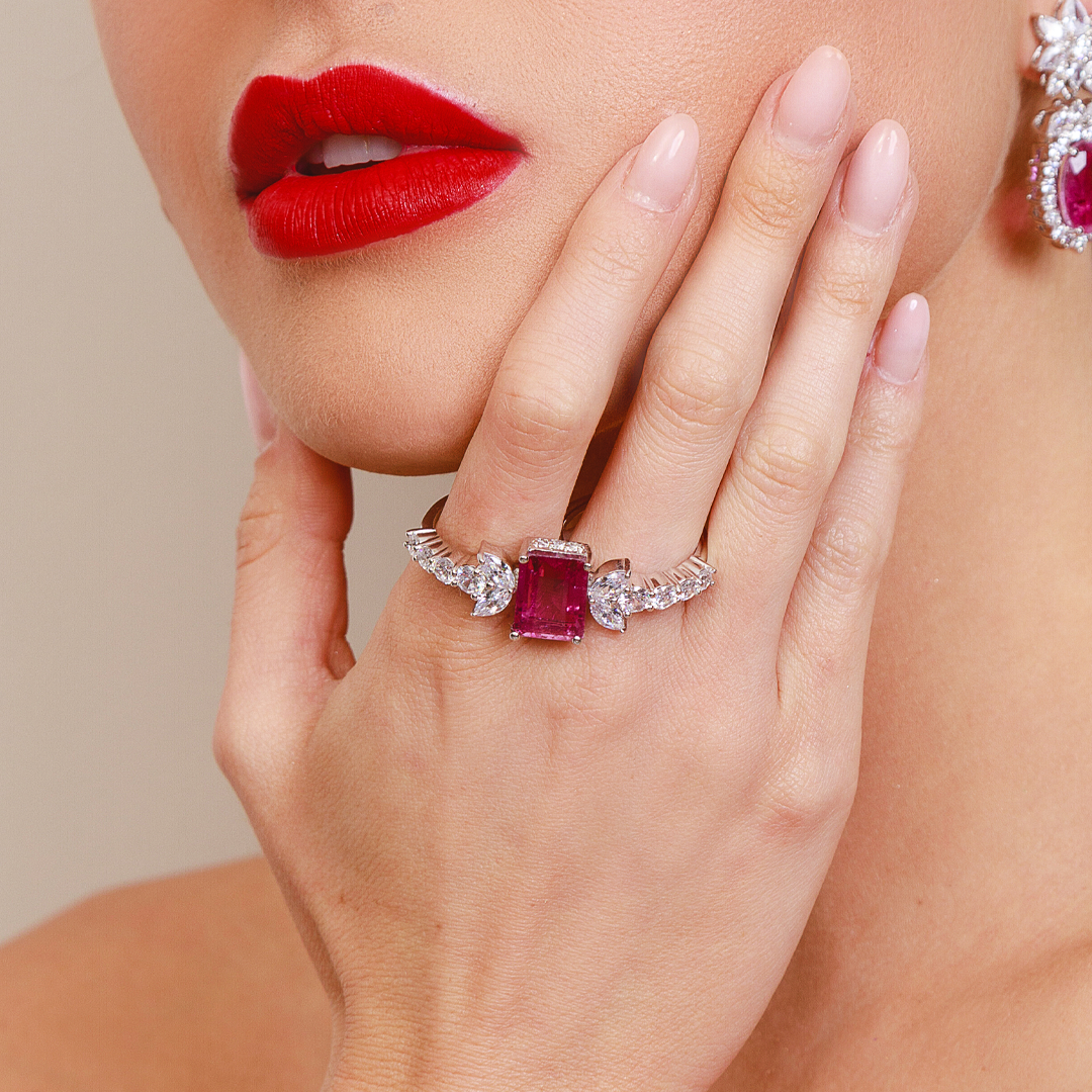 Anel Dois Dedos Turmalina Rosa Baguete