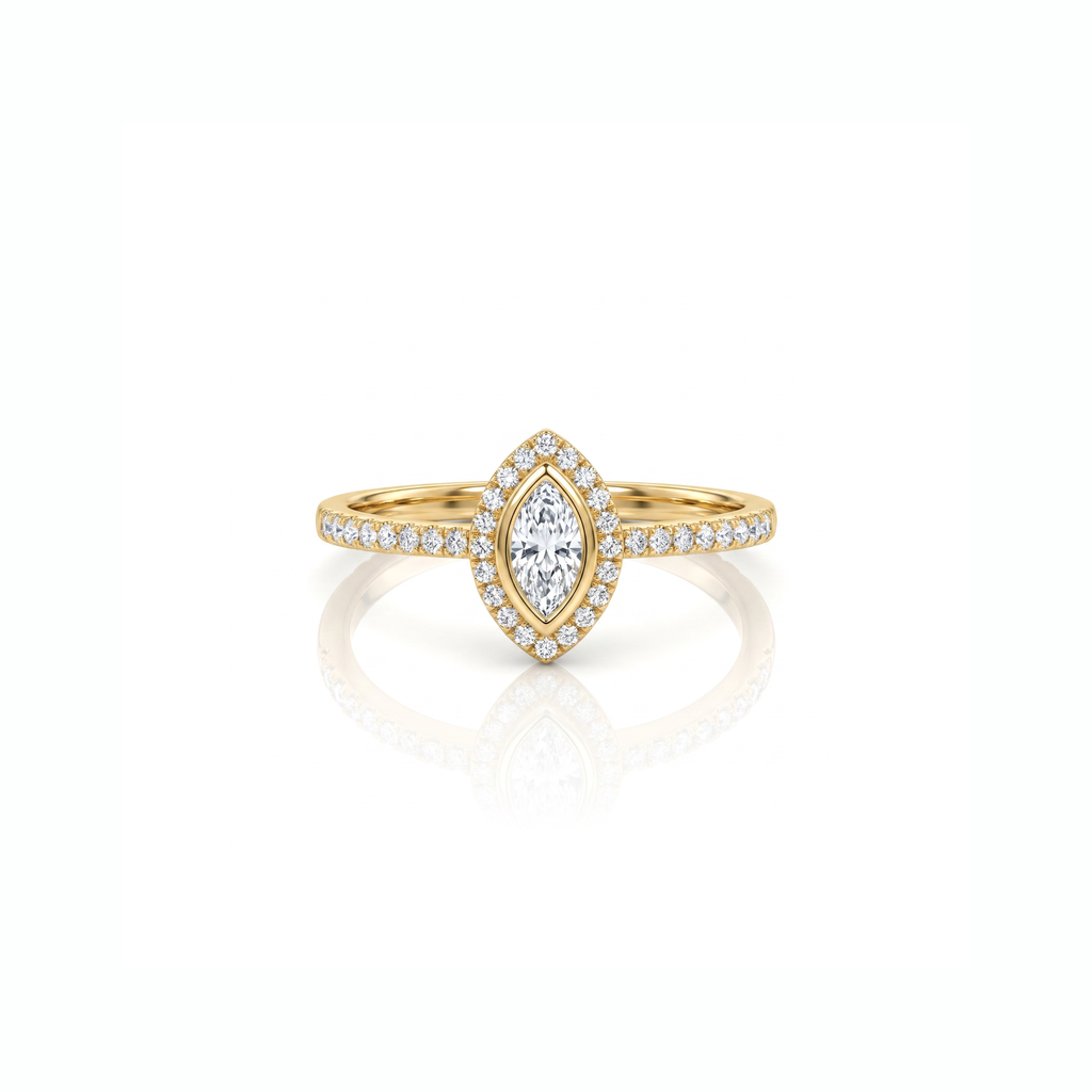 Aliança Solitário Moissanita Navete 6x3mm com Moldura- 0.10ct