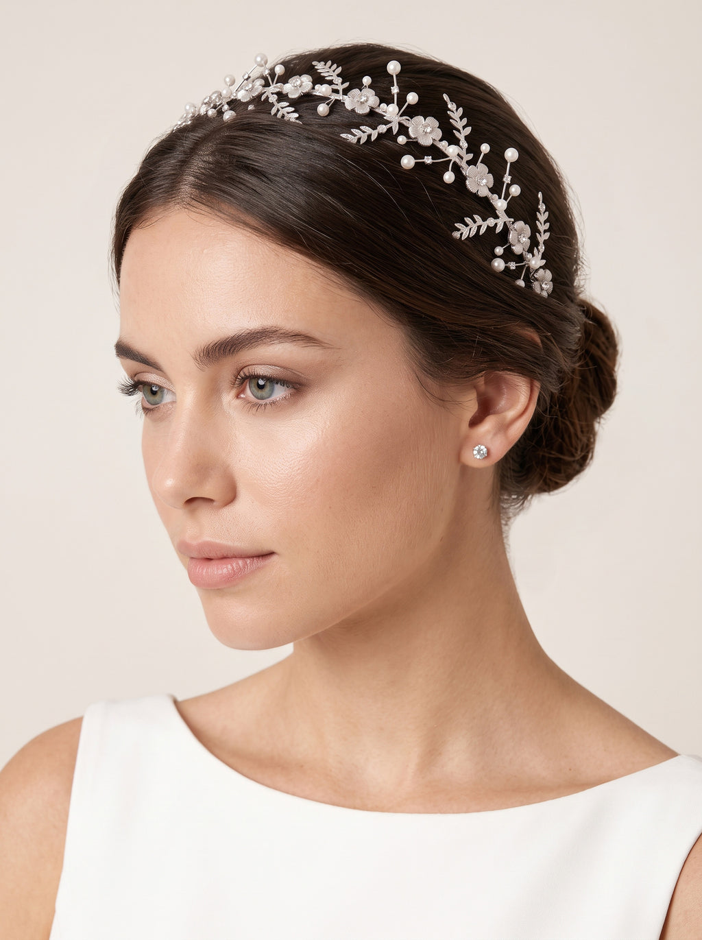 Tiara de Flores em Prata e Pérolas