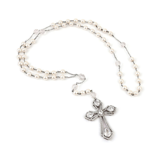 Terço Perolas e Cristal de Rocha com Cruz Rosetinhas