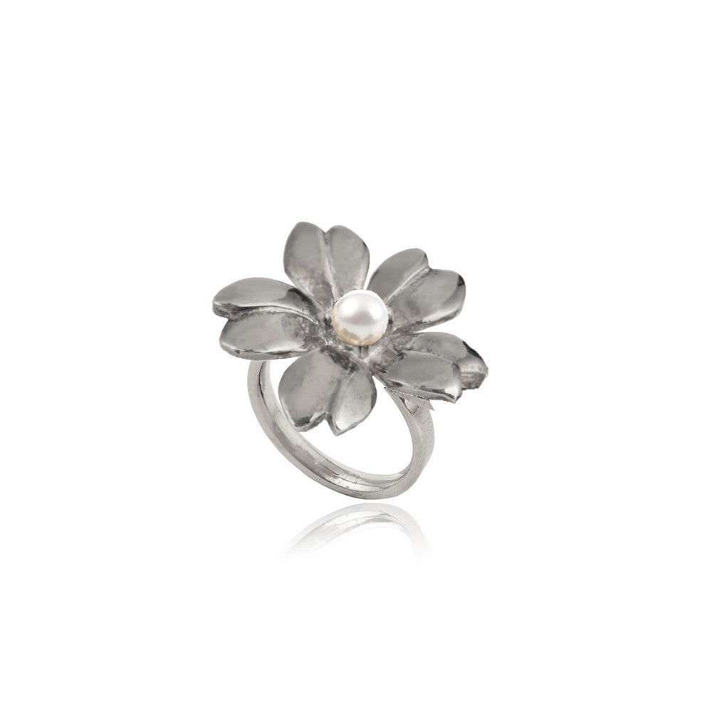 Anel Flor Grande Pérola Ródio