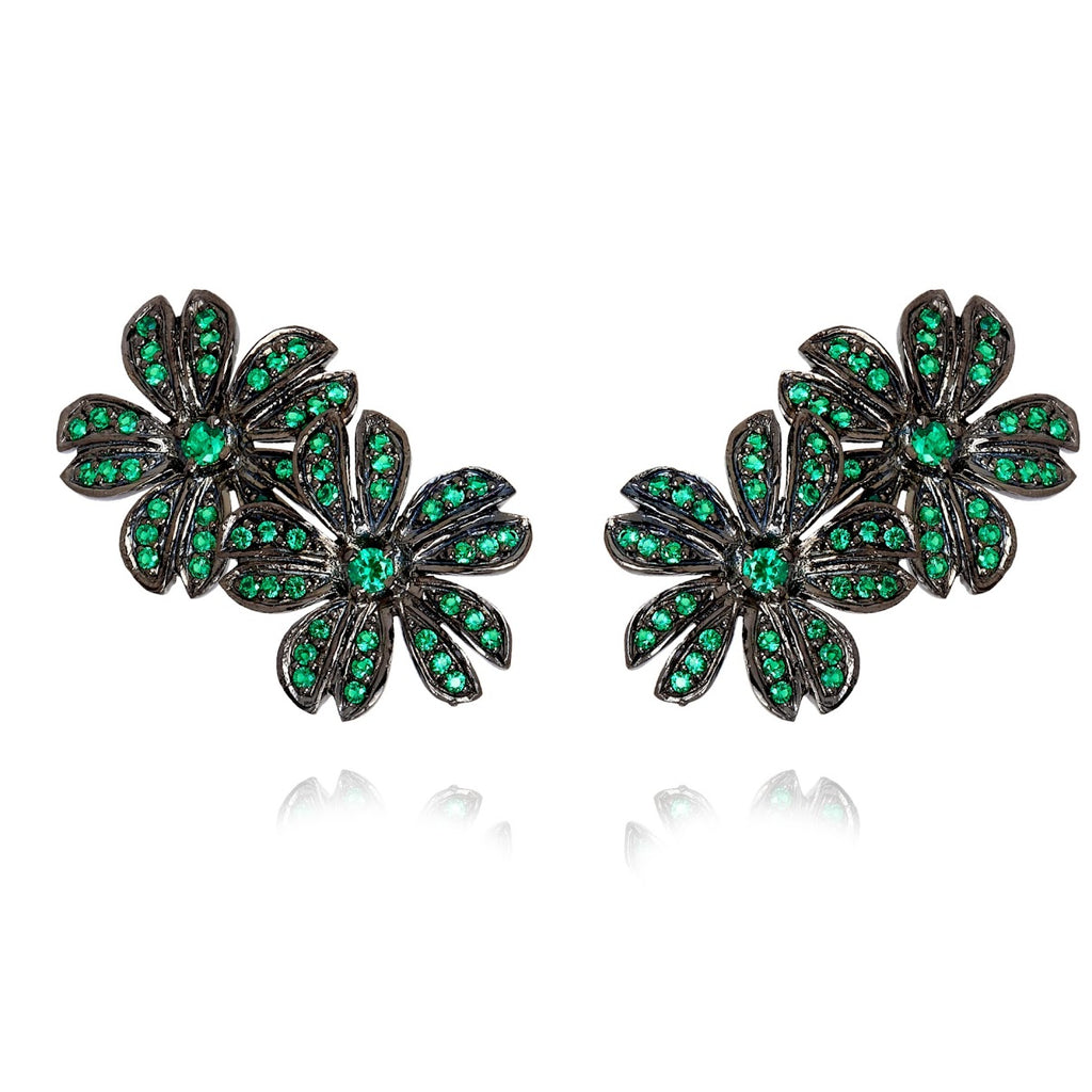 Brinco Earcuff Flores Pavê Zircônia Verde