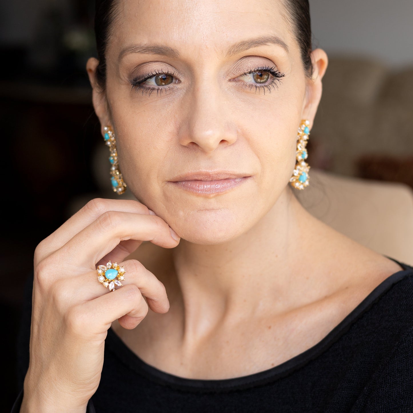 Anel Clarissa Turquesa e Pérolas